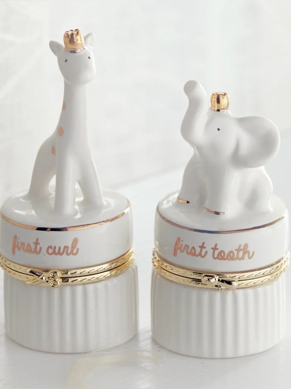 Mud Pie White Ceramic Baby Keepsake Jars with Gold Accents (Giraffe & Elephant)